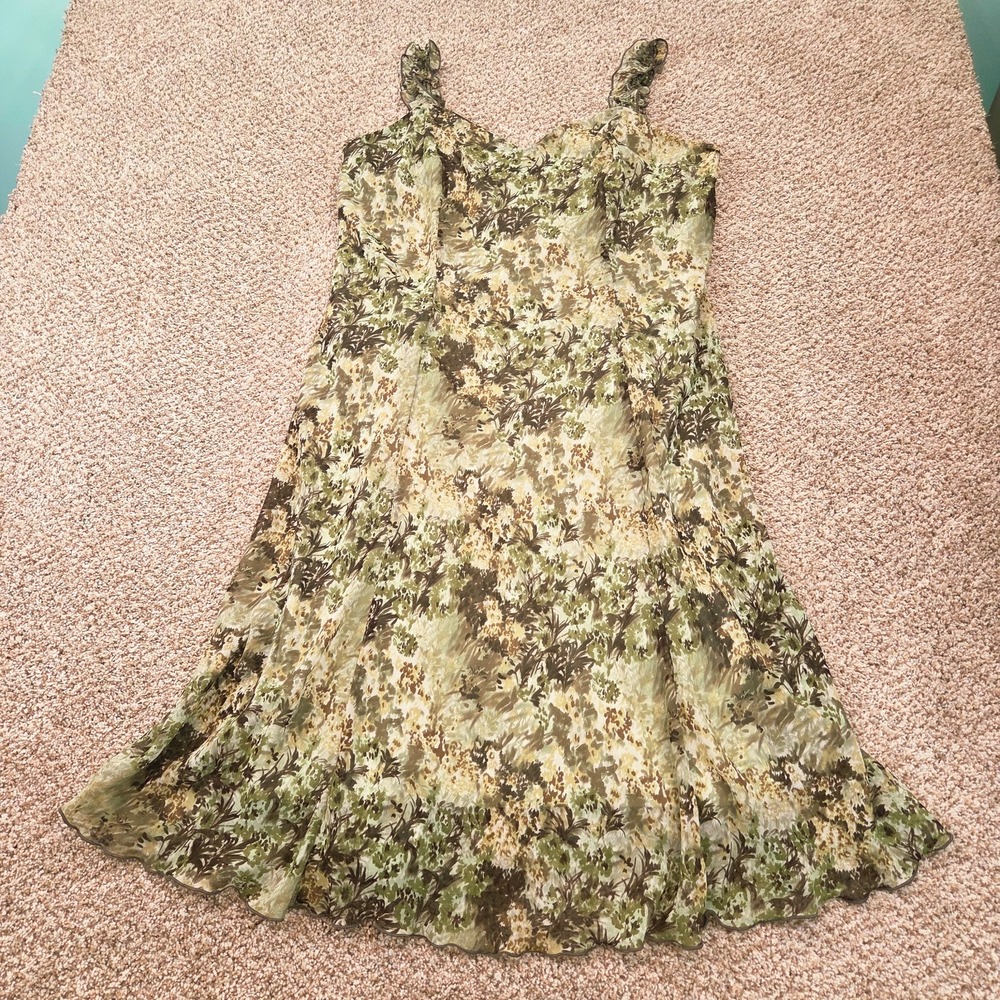 Dressbarn Green Floral Midi Sundress Dress Chiffon Ruffle Sleeveless Size 18